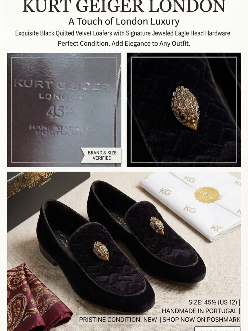 Kurt Geiger Black Quilted Velvet Loafers with Jeweled Eagle Head